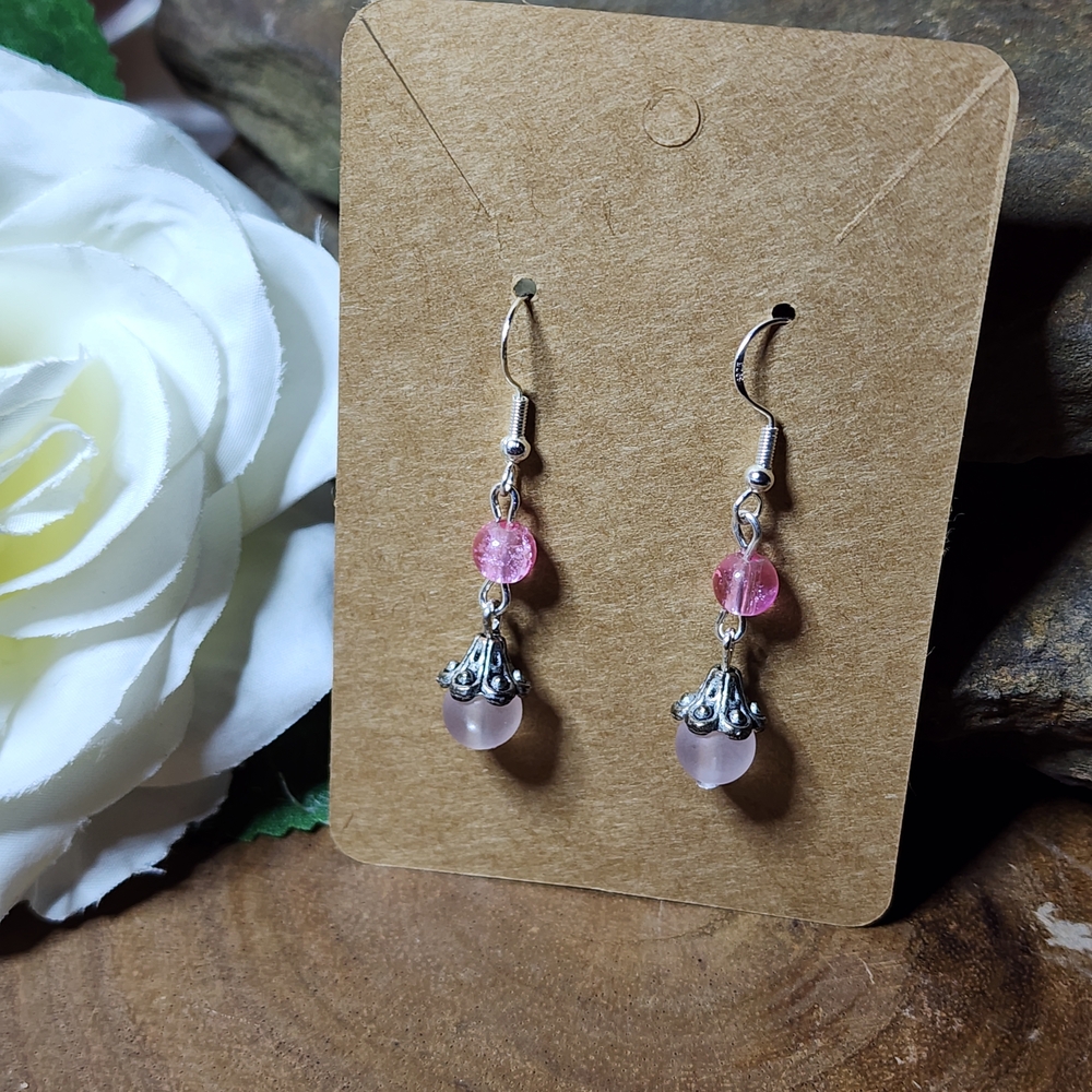 Hand Crafted Pink and Silver Dangle Earrings With Floral Metal Accents